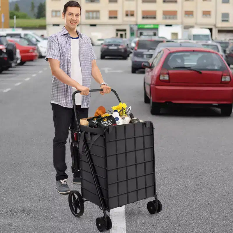 Chariot de courses pliable Gymax avec double panier et doublure résistante à l'eau