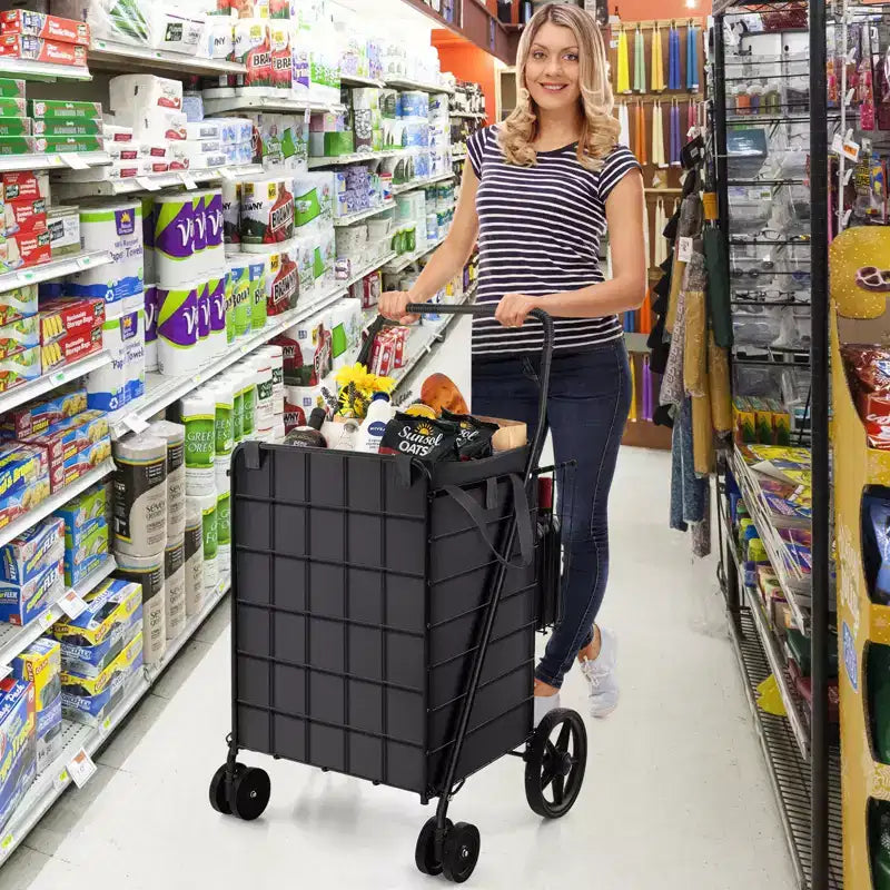 Chariot de courses pliable Gymax avec double panier et doublure résistante à l'eau