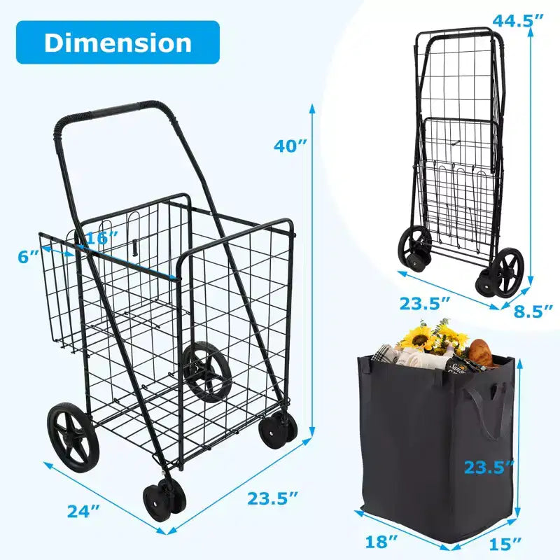 Chariot de courses pliable Gymax avec double panier et doublure résistante à l'eau