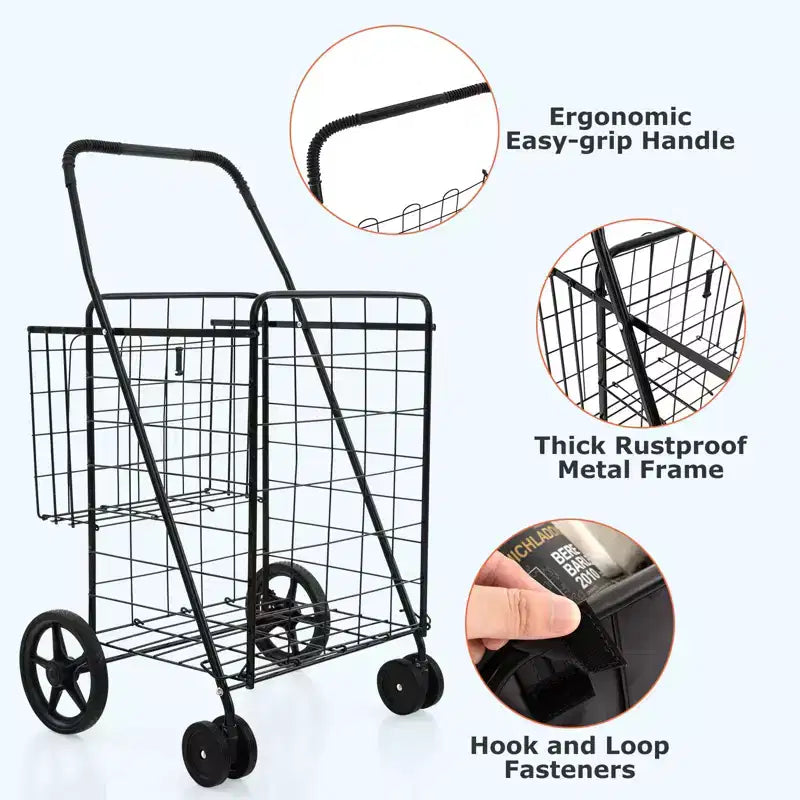 Chariot de courses pliable Gymax avec double panier et doublure résistante à l'eau
