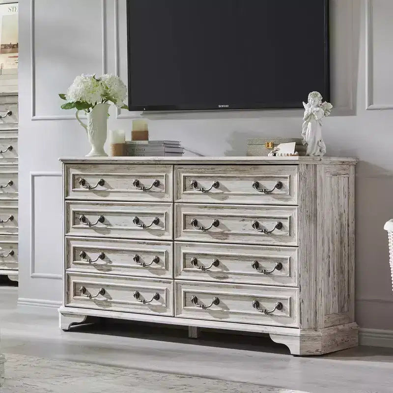 BALHAM TRADE-54 Commode de ferme large 8 tiroirs en bois rustique avec texture naturelle et design vintage
