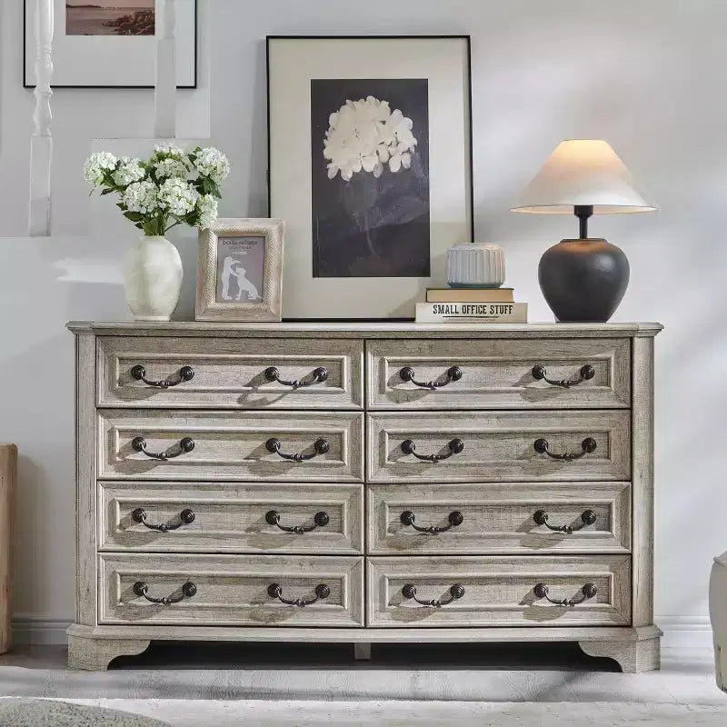 BALHAM TRADE-54 Commode de ferme large 8 tiroirs en bois rustique avec texture naturelle et design vintage