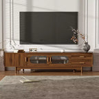 Meuble TV moderne GDFStudio Petty 78 avec portes en verre cannelé. 2 tiroirs et étagères