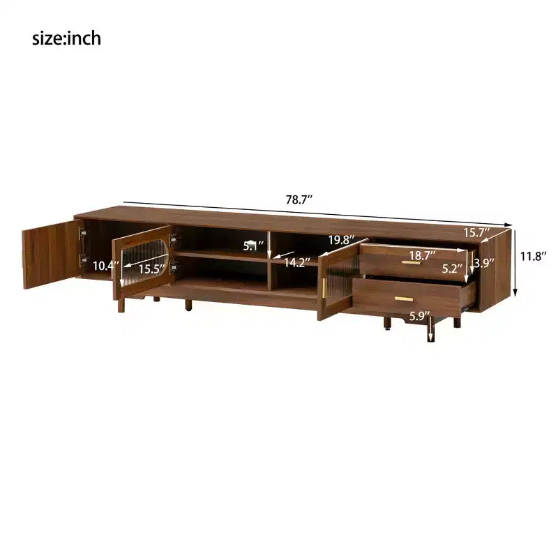 Meuble TV moderne GDFStudio Petty 78 avec portes en verre cannelé. 2 tiroirs et étagères