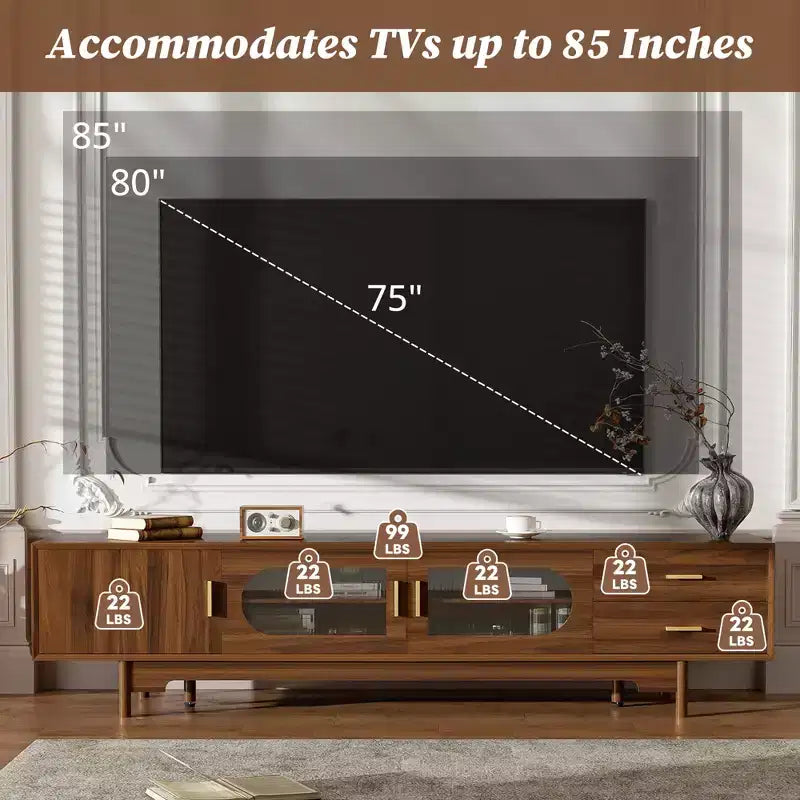 Meuble TV moderne GDFStudio Petty 78 avec portes en verre cannelé. 2 tiroirs et étagères