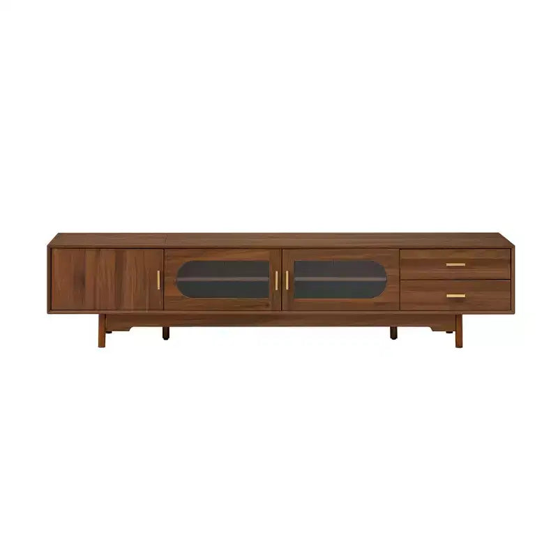 Meuble TV moderne GDFStudio Petty 78 avec portes en verre cannelé. 2 tiroirs et étagères