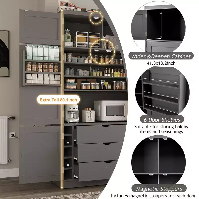 Whisen 80.1'' Meuble de rangement autoportant pour cuisine, buffets, grand placard de rangement