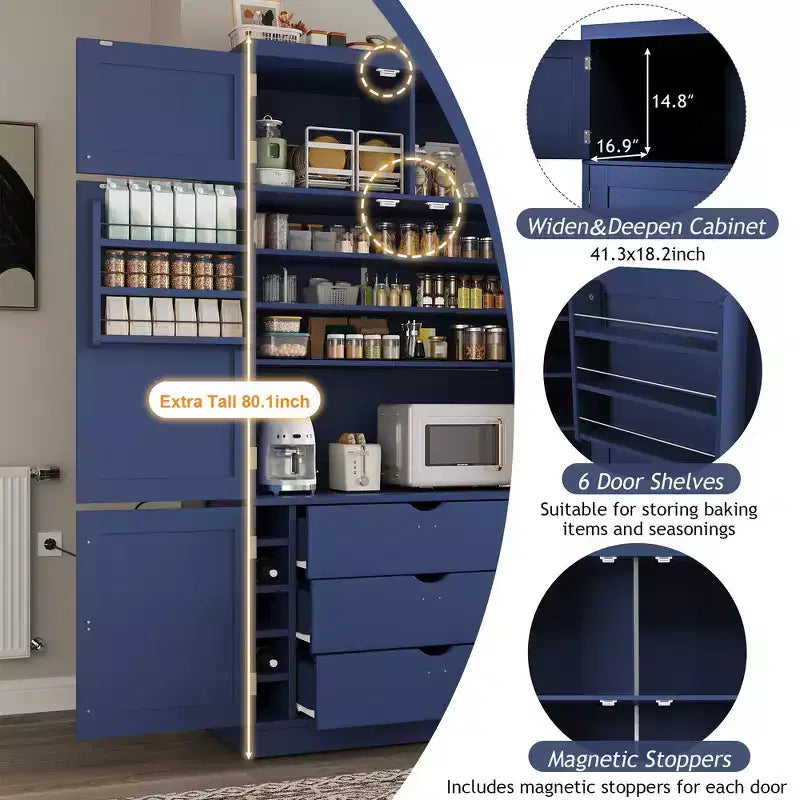 Whisen 80.1'' Meuble de rangement autoportant pour cuisine, buffets, grand placard de rangement