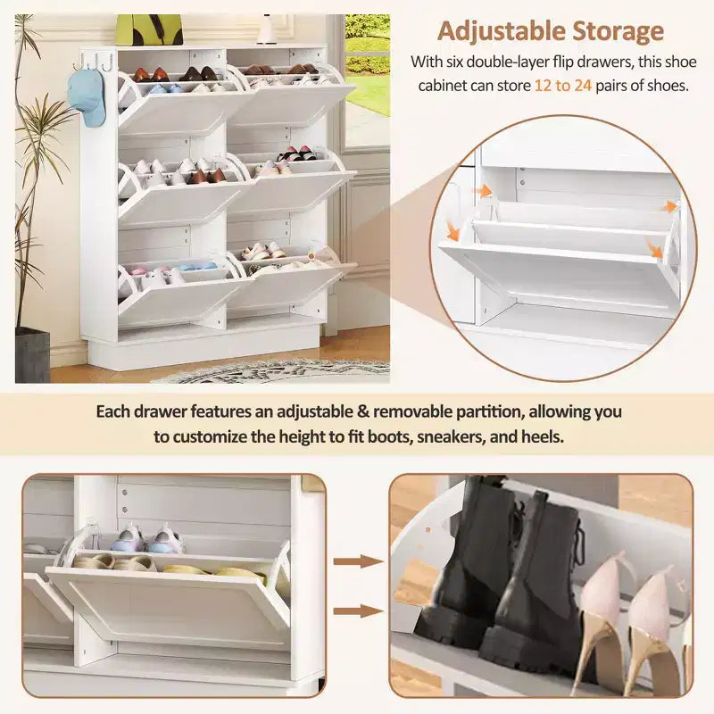 Meuble de rangement pour chaussures avec 6 tiroirs, Organisateur de chaussures autoportant, Meuble à chaussures d'entrée dissimulé