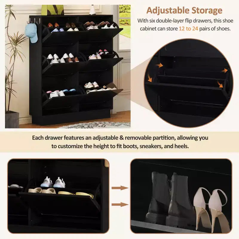 Meuble de rangement pour chaussures avec 6 tiroirs, Organisateur de chaussures autoportant, Meuble à chaussures d'entrée dissimulé