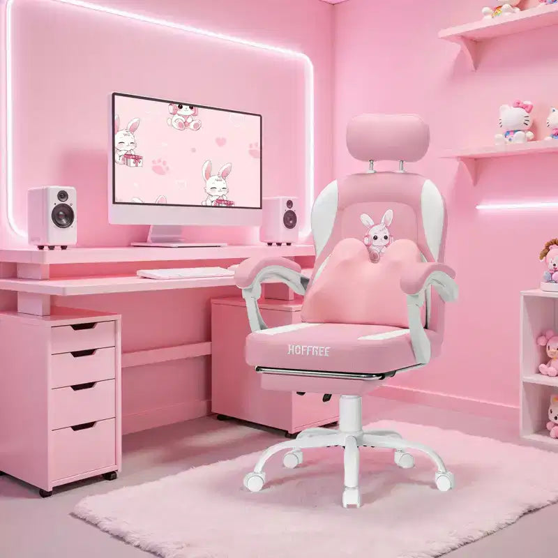 HOFFREE Chaise de jeu lapin pour enfants avec coussin de massage et repose-pieds, réglable et ergonomique, design kawaii mignon pour les 8-14 ans