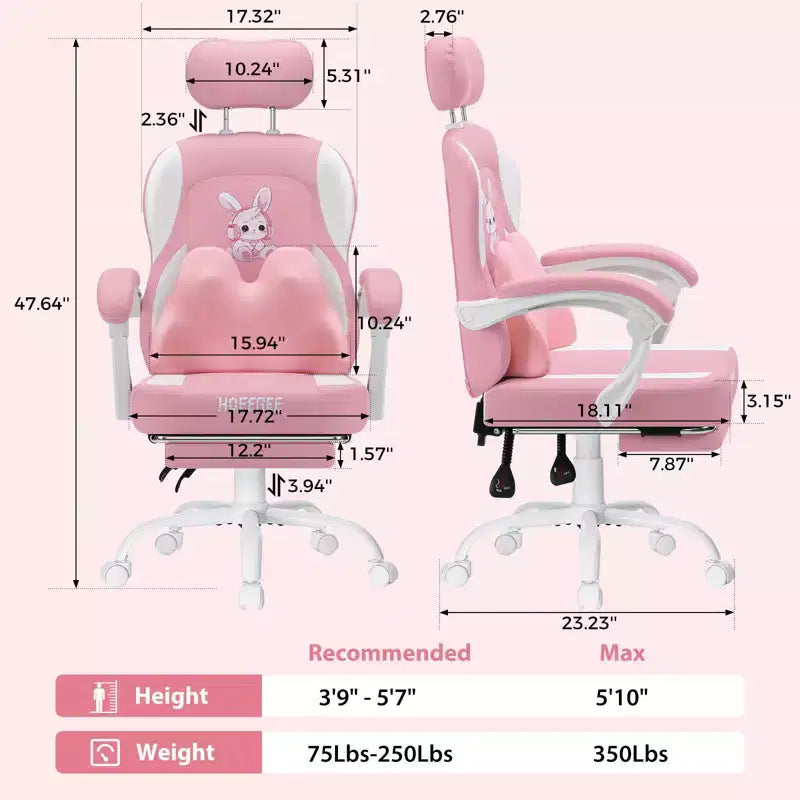 HOFFREE Chaise de jeu lapin pour enfants avec coussin de massage et repose-pieds, réglable et ergonomique, design kawaii mignon pour les 8-14 ans