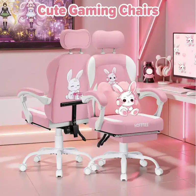HOFFREE Chaise de jeu lapin pour enfants avec coussin de massage et repose-pieds, réglable et ergonomique, design kawaii mignon pour les 8-14 ans