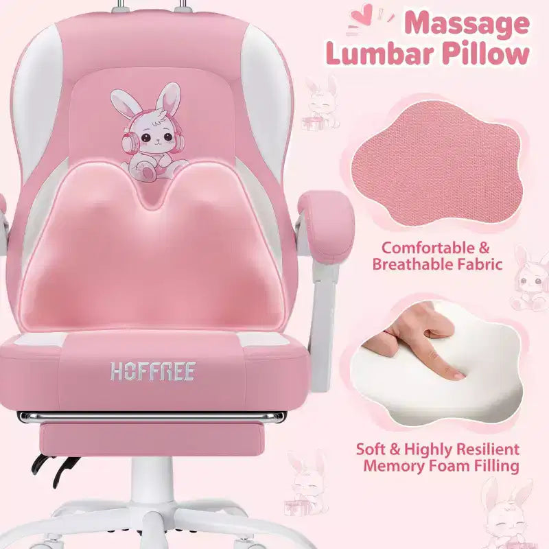 HOFFREE Chaise de jeu lapin pour enfants avec coussin de massage et repose-pieds, réglable et ergonomique, design kawaii mignon pour les 8-14 ans