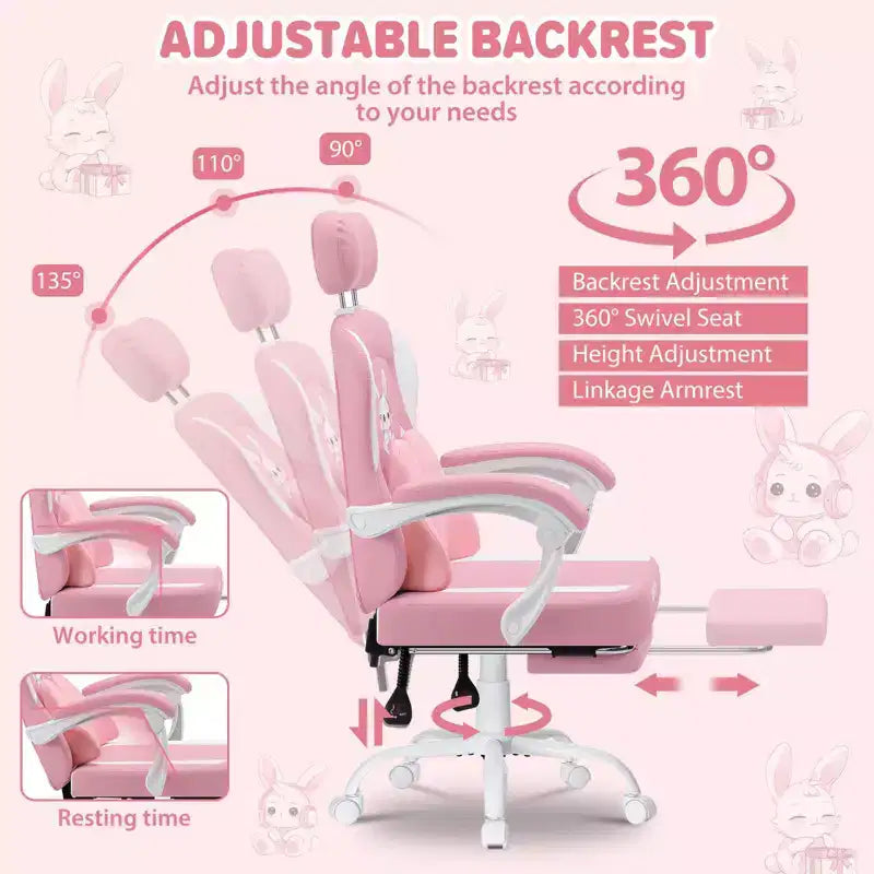 HOFFREE Chaise de jeu lapin pour enfants avec coussin de massage et repose-pieds, réglable et ergonomique, design kawaii mignon pour les 8-14 ans