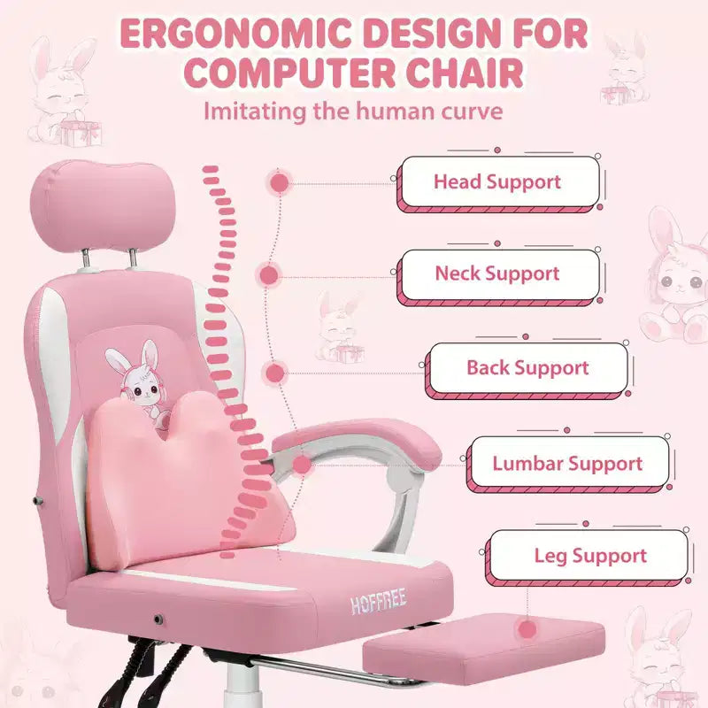 HOFFREE Chaise de jeu lapin pour enfants avec coussin de massage et repose-pieds, réglable et ergonomique, design kawaii mignon pour les 8-14 ans