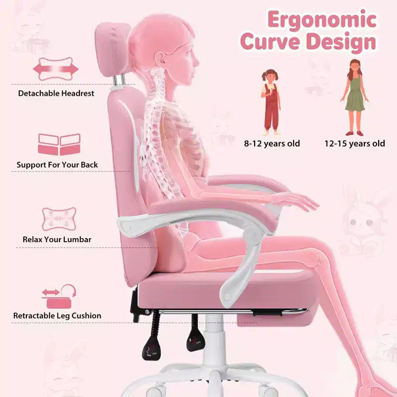 HOFFREE Chaise de jeu lapin pour enfants avec coussin de massage et repose-pieds, réglable et ergonomique, design kawaii mignon pour les 8-14 ans