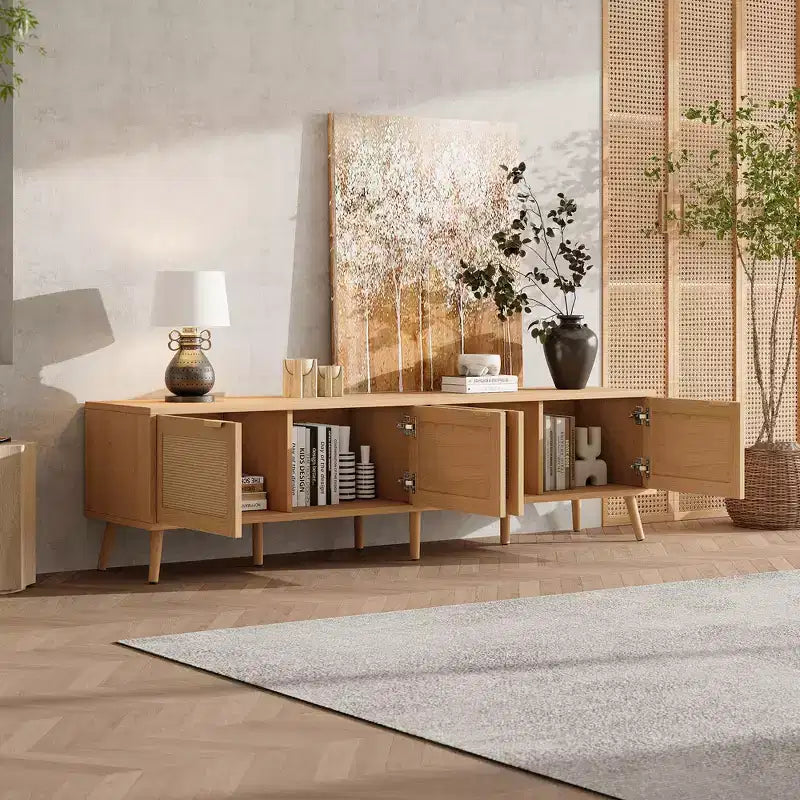 Meuble TV GDFStudio Primo 70 de style bohème pour téléviseurs de 80 po, avec portes en rotin et trou passe-câbles
