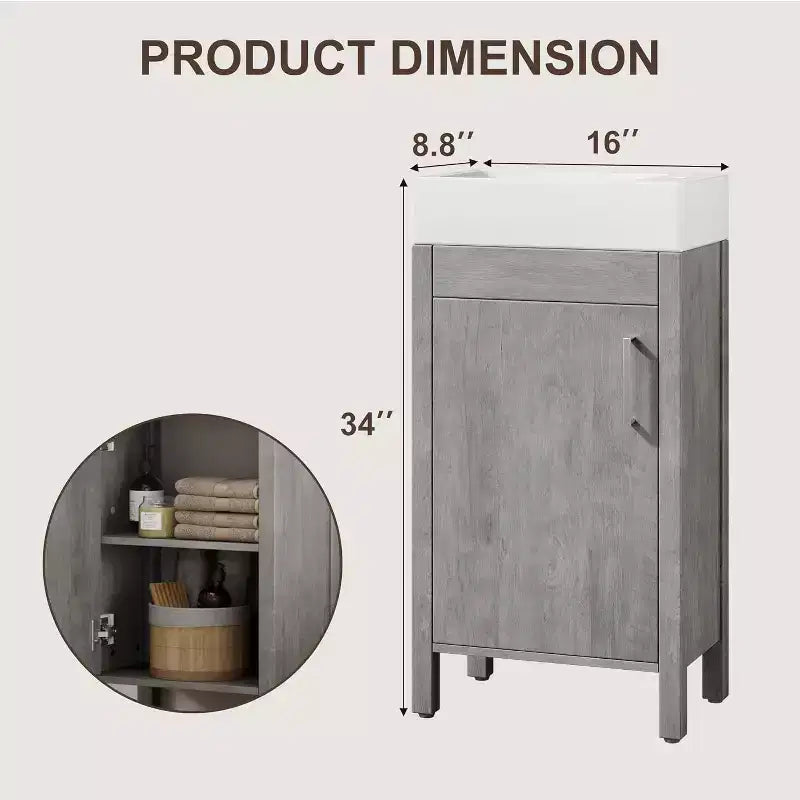 Meuble-lavabo 16 po avec lavabo et porte à fermeture amortie – Armoire de rangement compacte pour petite salle de bain ou salle d'eau