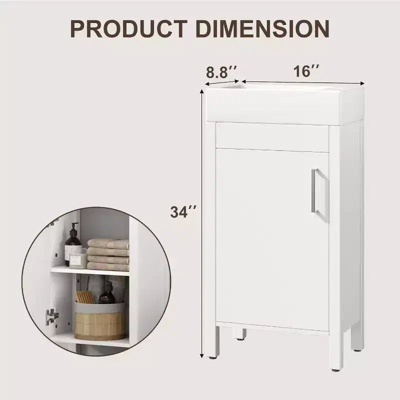 Meuble-lavabo 16 po avec lavabo et porte à fermeture amortie – Armoire de rangement compacte pour petite salle de bain ou salle d'eau