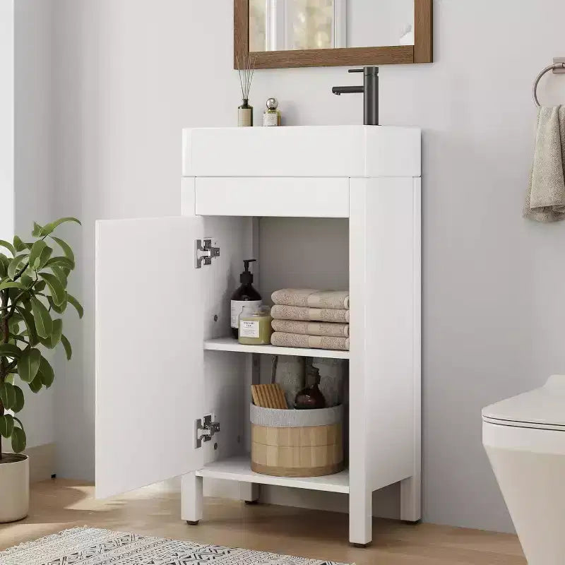 Meuble-lavabo 16 po avec lavabo et porte à fermeture amortie – Armoire de rangement compacte pour petite salle de bain ou salle d'eau