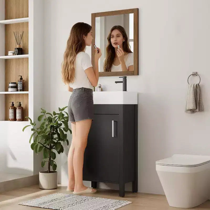 Meuble-lavabo 16 po avec lavabo et porte à fermeture amortie – Armoire de rangement compacte pour petite salle de bain ou salle d'eau