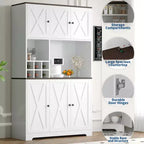 Armoire de rangement de cuisine blanche de 180 cm de haut avec station de recharge, meuble autoportant de style ferme avec support pour micro-ondes, tiroirs et espace de rangement pour bar à vin