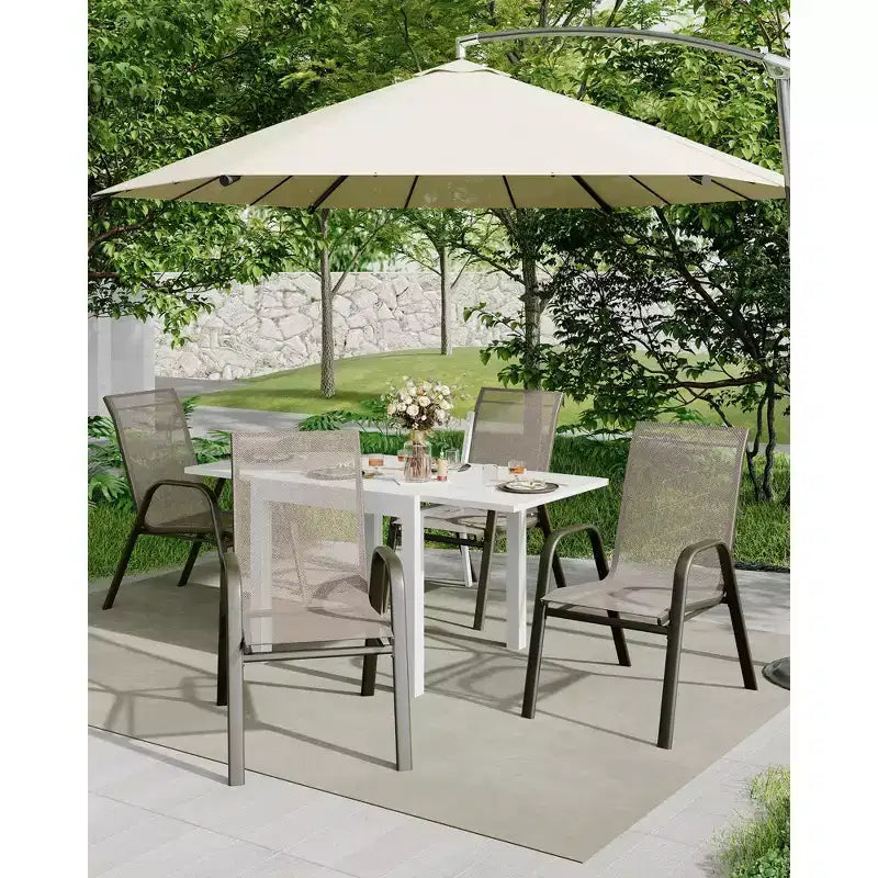Lot de 4 chaises de salle à manger empilables d'extérieur, chaises de patio à dossier haut avec tissu Textilène, cadre en métal toutes saisons pour terrasse, pelouse, jardin, gris