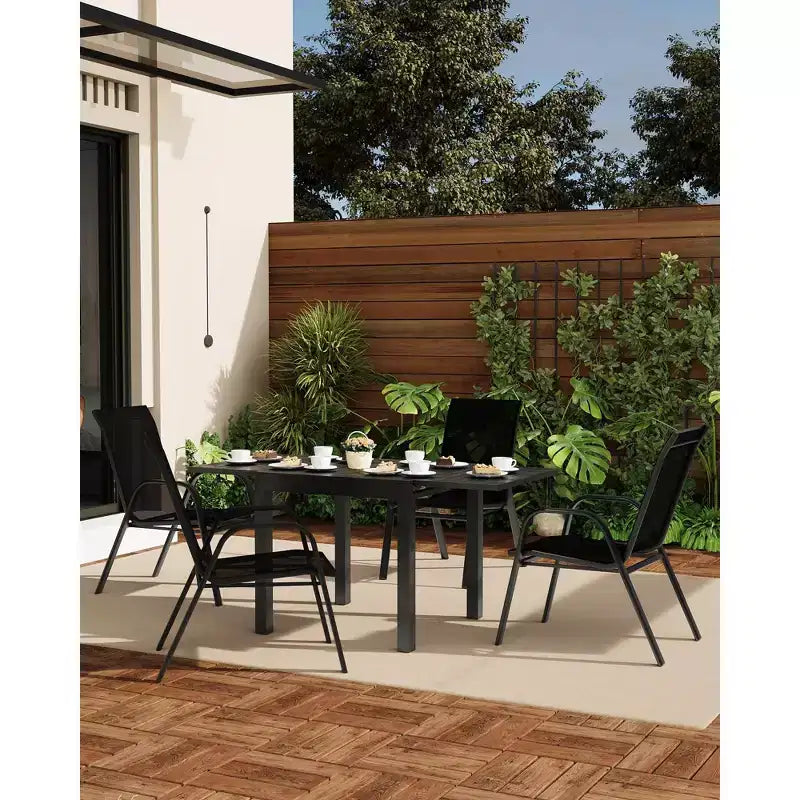 Lot de 4 chaises de salle à manger empilables d'extérieur, chaises de patio à dossier haut avec tissu Textilène, cadre en métal toutes saisons pour terrasse, pelouse, jardin, gris