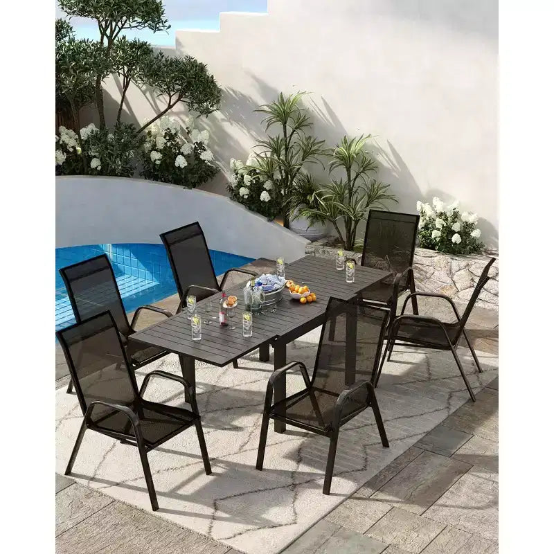 Lot de 4 chaises de salle à manger empilables d'extérieur, chaises de patio à dossier haut avec tissu Textilène, cadre en métal toutes saisons pour terrasse, pelouse, jardin, gris