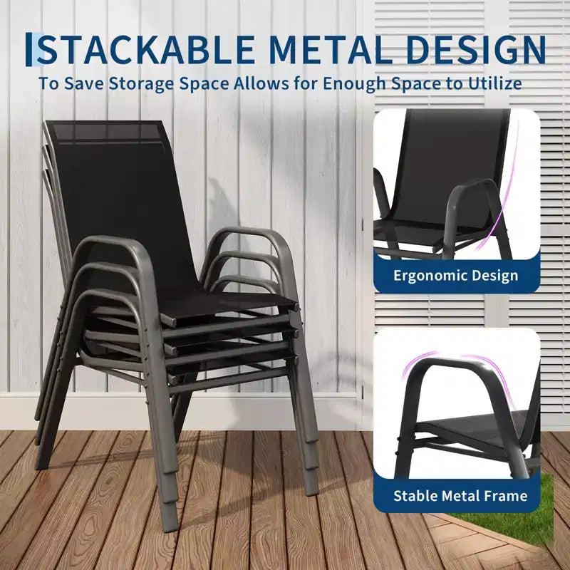 Lot de 4 chaises de salle à manger empilables d'extérieur, chaises de patio à dossier haut avec tissu Textilène, cadre en métal toutes saisons pour terrasse, pelouse, jardin, gris