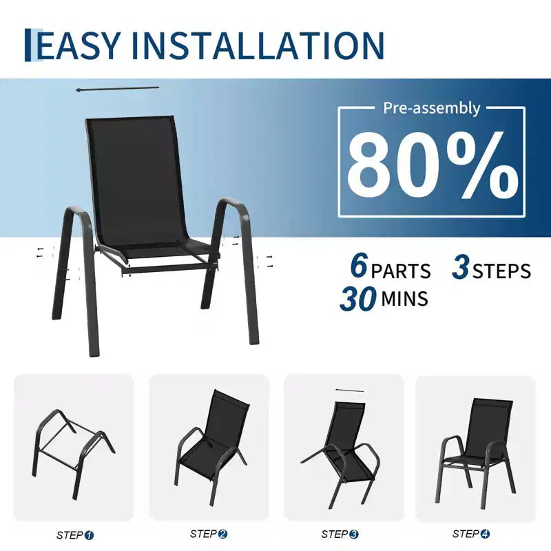 Lot de 4 chaises de salle à manger empilables d'extérieur, chaises de patio à dossier haut avec tissu Textilène, cadre en métal toutes saisons pour terrasse, pelouse, jardin, gris