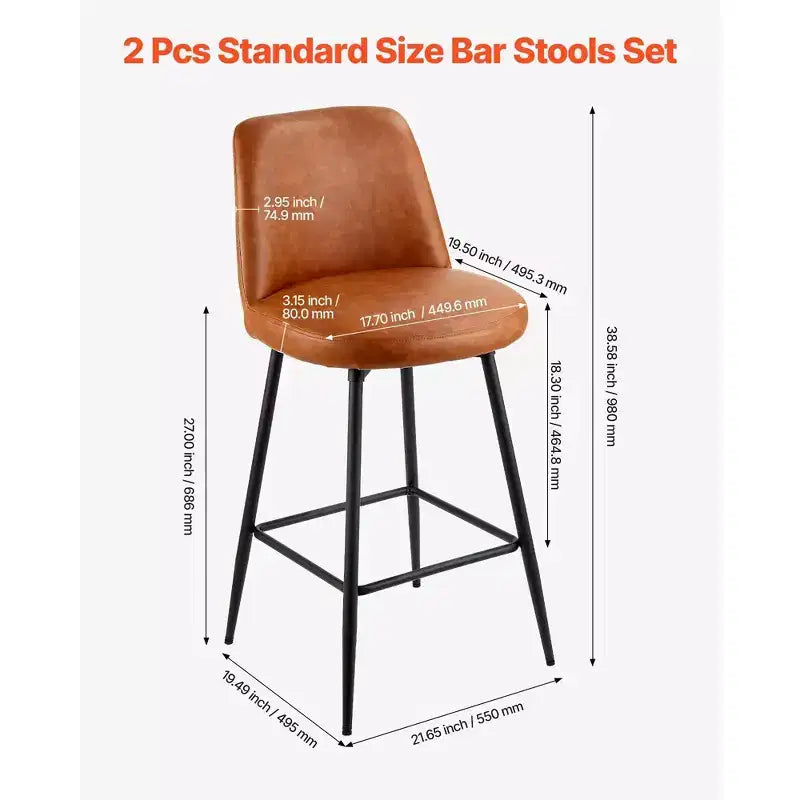 Lot de 2 tabourets de bar, tabourets pivotants hauteur comptoir 68,5 cm, tabourets de bar en cuir PU avec dossier et pieds en métal, marron