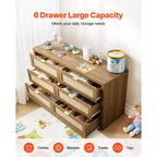 Commode double en rotin à 6 tiroirs avec poignées métalliques, meuble de rangement pour chambre à coucher, couleur noyer