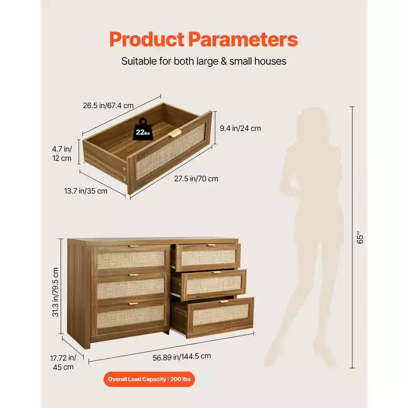 Commode double en rotin à 6 tiroirs avec poignées métalliques, meuble de rangement pour chambre à coucher, couleur noyer