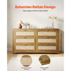 Commode double en rotin à 6 tiroirs avec poignées métalliques, meuble de rangement pour chambre à coucher, couleur noyer
