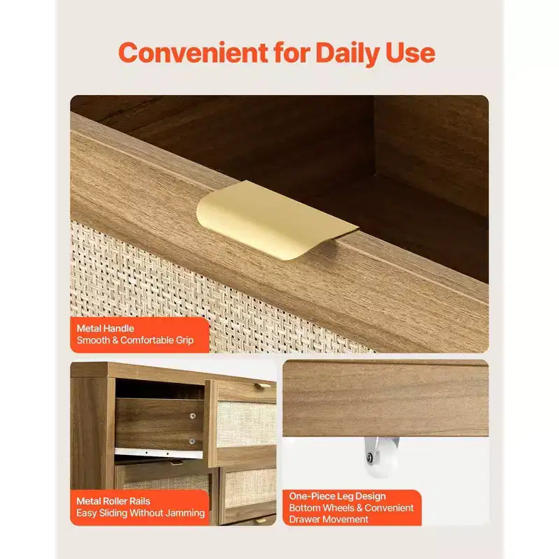 Commode double en rotin à 6 tiroirs avec poignées métalliques, meuble de rangement pour chambre à coucher, couleur noyer