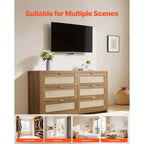 Commode double en rotin à 6 tiroirs avec poignées métalliques, meuble de rangement pour chambre à coucher, couleur noyer