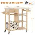Chariot de cuisine d'extérieur pour terrasse, jardin – Structure en bois robuste, plateau en acier inoxydable, tiroir de rangement, étagères ouvertes, îlot de cuisine roulant avec porte-serviettes