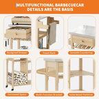 Chariot de cuisine d'extérieur pour terrasse, jardin – Structure en bois robuste, plateau en acier inoxydable, tiroir de rangement, étagères ouvertes, îlot de cuisine roulant avec porte-serviettes