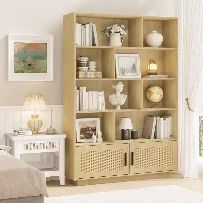 Étagère en rotin à 5 niveaux avec armoire de rangement et porte, bibliothèque industrielle haute avec rangement, bibliothèque à 5 étagères pour salon, chambre à coucher