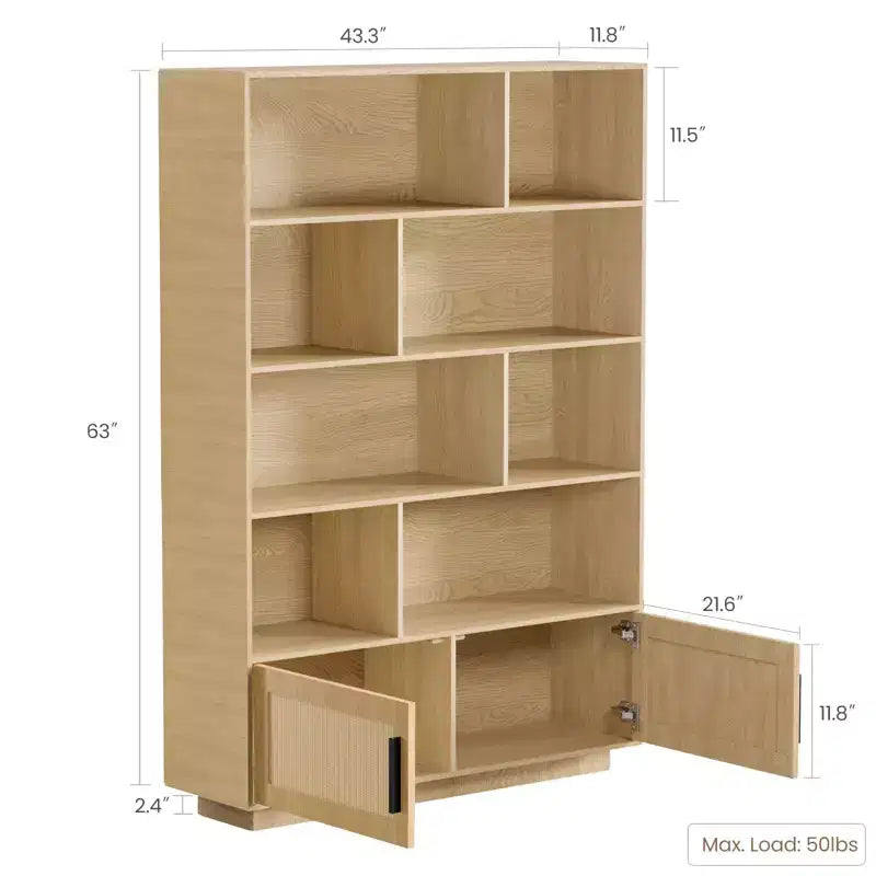 Étagère en rotin à 5 niveaux avec armoire de rangement et porte, bibliothèque industrielle haute avec rangement, bibliothèque à 5 étagères pour salon, chambre à coucher