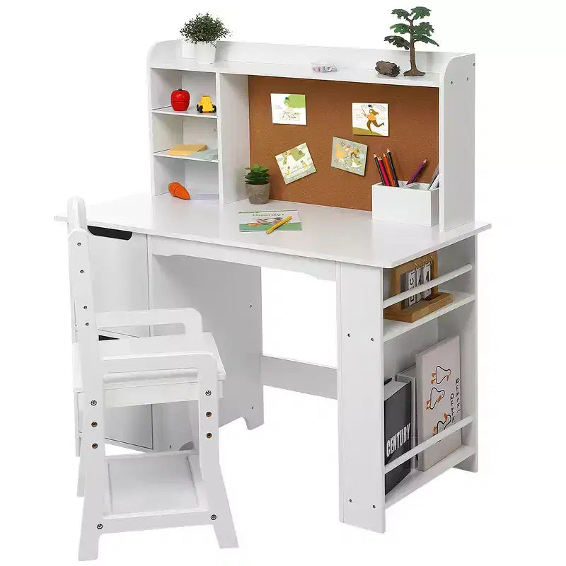 Coiffeuse et bureau d'étude pour enfants - Table blanche avec chaise, étagère, miroir, armoires et tableau d'affichage pour les 3-9 ans