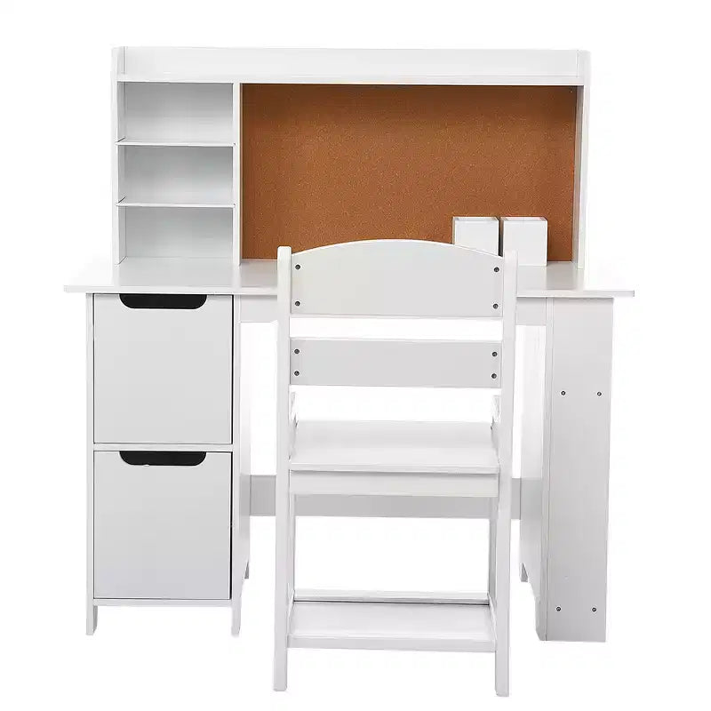 Coiffeuse et bureau d'étude pour enfants - Table blanche avec chaise, étagère, miroir, armoires et tableau d'affichage pour les 3-9 ans