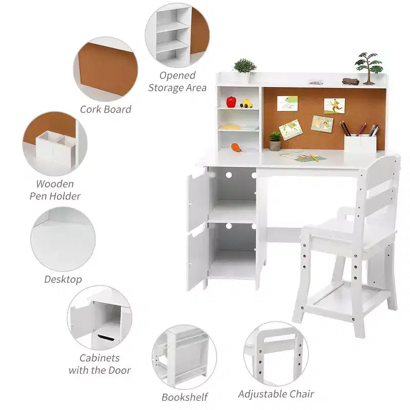 Coiffeuse et bureau d'étude pour enfants - Table blanche avec chaise, étagère, miroir, armoires et tableau d'affichage pour les 3-9 ans