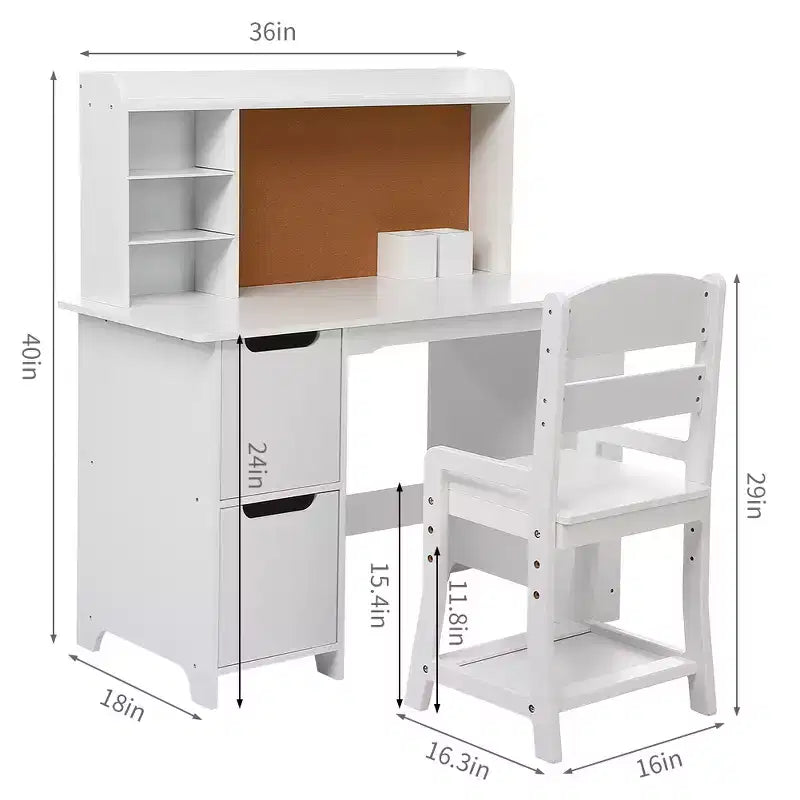 Coiffeuse et bureau d'étude pour enfants - Table blanche avec chaise, étagère, miroir, armoires et tableau d'affichage pour les 3-9 ans