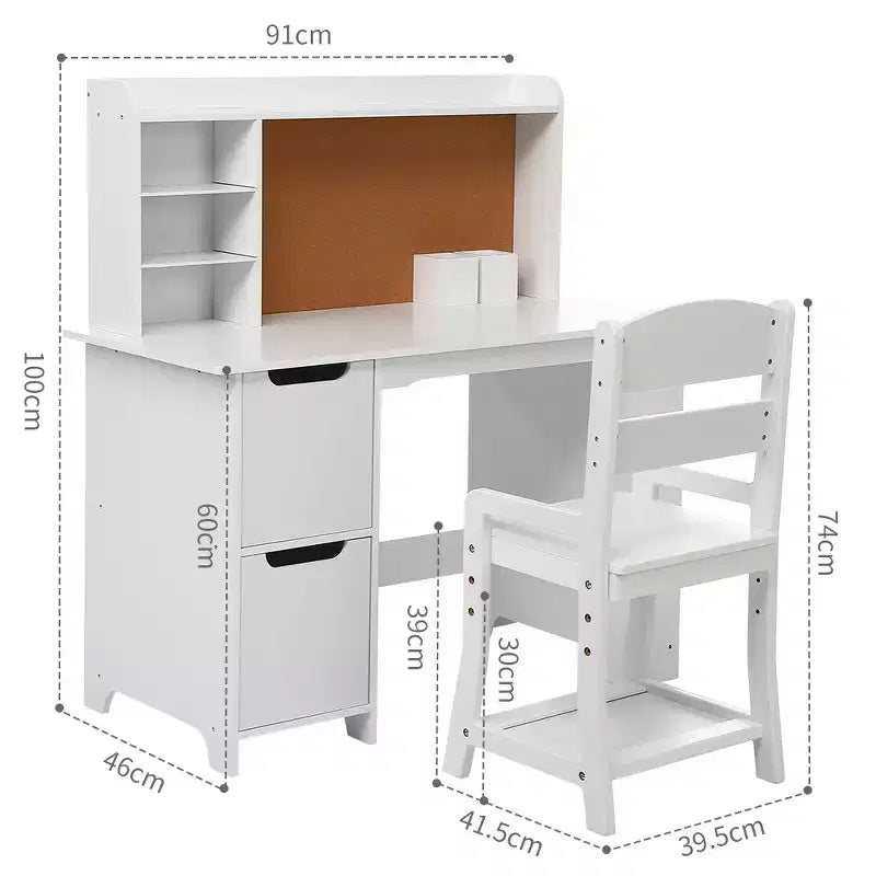 Coiffeuse et bureau d'étude pour enfants - Table blanche avec chaise, étagère, miroir, armoires et tableau d'affichage pour les 3-9 ans