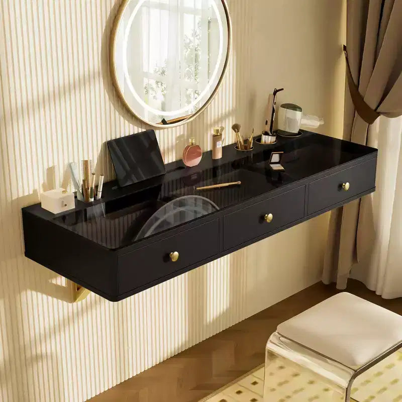 JVNOXK Coiffeuse murale multifonctionnelle de 47 pouces avec tiroirs et étagères flottantes, adaptée aux bureaux, aux chambres et à la coiffure, noir et or