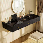 JVNOXK Coiffeuse murale multifonctionnelle de 47 pouces avec tiroirs et étagères flottantes, adaptée aux bureaux, aux chambres et à la coiffure, noir et or