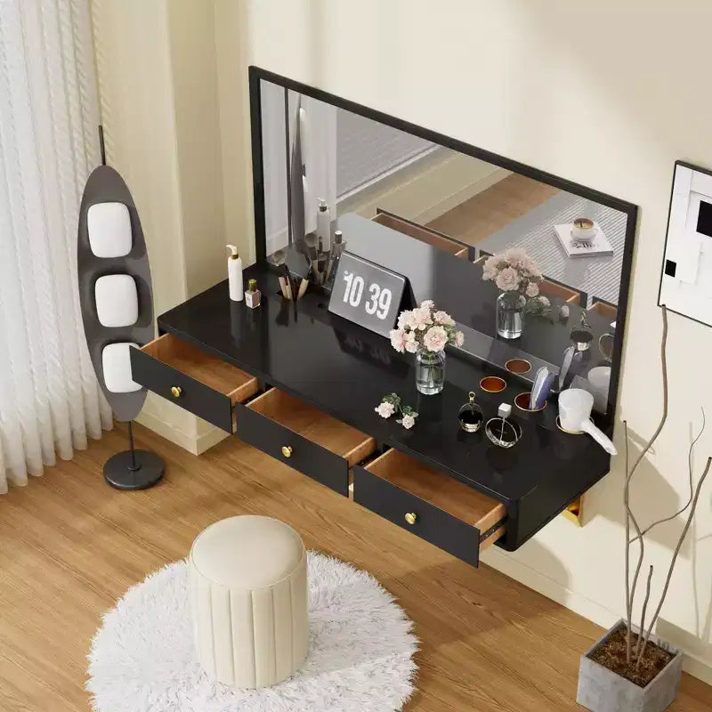 JVNOXK Coiffeuse murale multifonctionnelle de 47 pouces avec tiroirs et étagères flottantes, adaptée aux bureaux, aux chambres et à la coiffure, noir et or